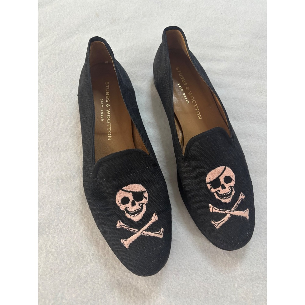Stubbs & Wootton Pirate Skull Crossbones Black Linen Slippers Loafers Womens 9.5